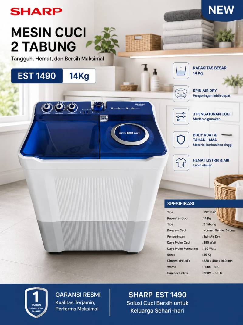 MESIN CUCI 2 TABUNG SHARP EST 1490