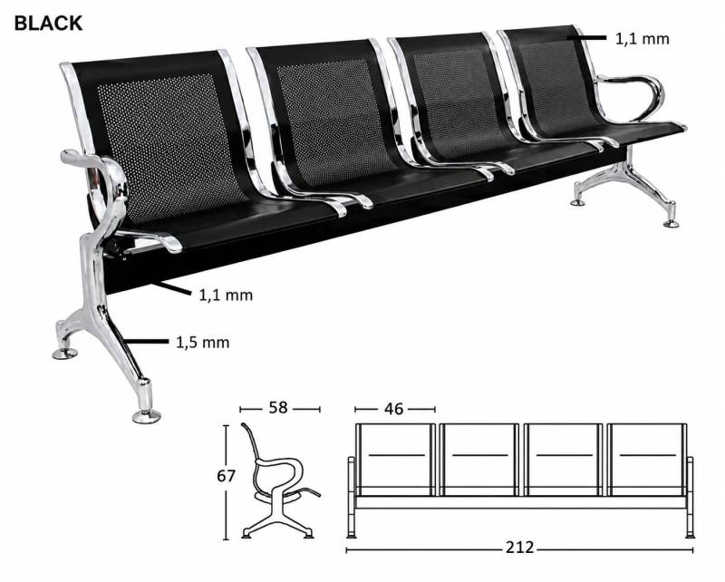 KURSI TUNGGU BANDARA D4 HITAM STAINLIS KROM IMPORTA