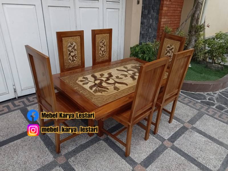 MEJA MAKAN JATI K6 DAUN HONGKONG KACA 8MILI BEVEL