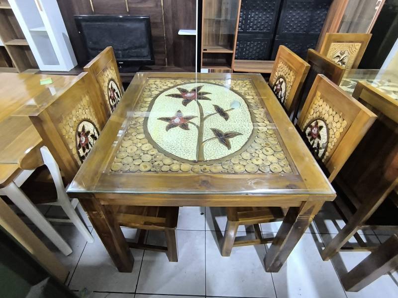 MEJA MAKAN JATI K4 MARMER MAWAR KOIN+KACA 8MILI