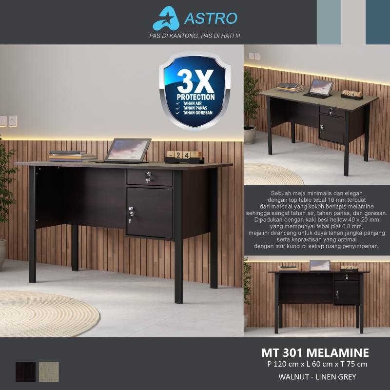 MEJA KANTOR KAKI BESI ASTROBOX MT301 MELAMINE WALLNUT