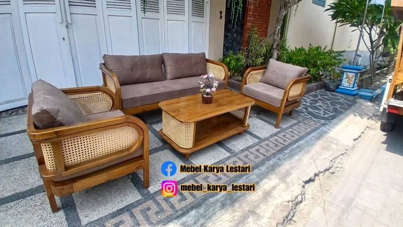 KURSI JATI ROTAN 311 + MEJA + BUSA DUDUKAN DAN BUSA SANDARAN