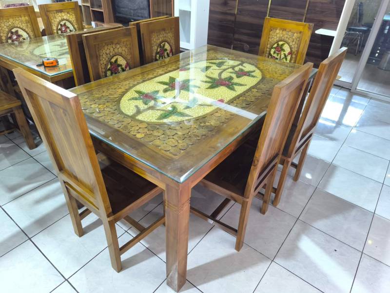 MEJA MAKAN JATI K6 MAWAR KOIN KACA 8MILI BEVEL