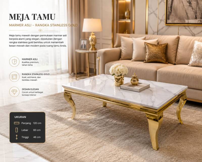 MEJA TAMU MARMER STAINLEES GOLD